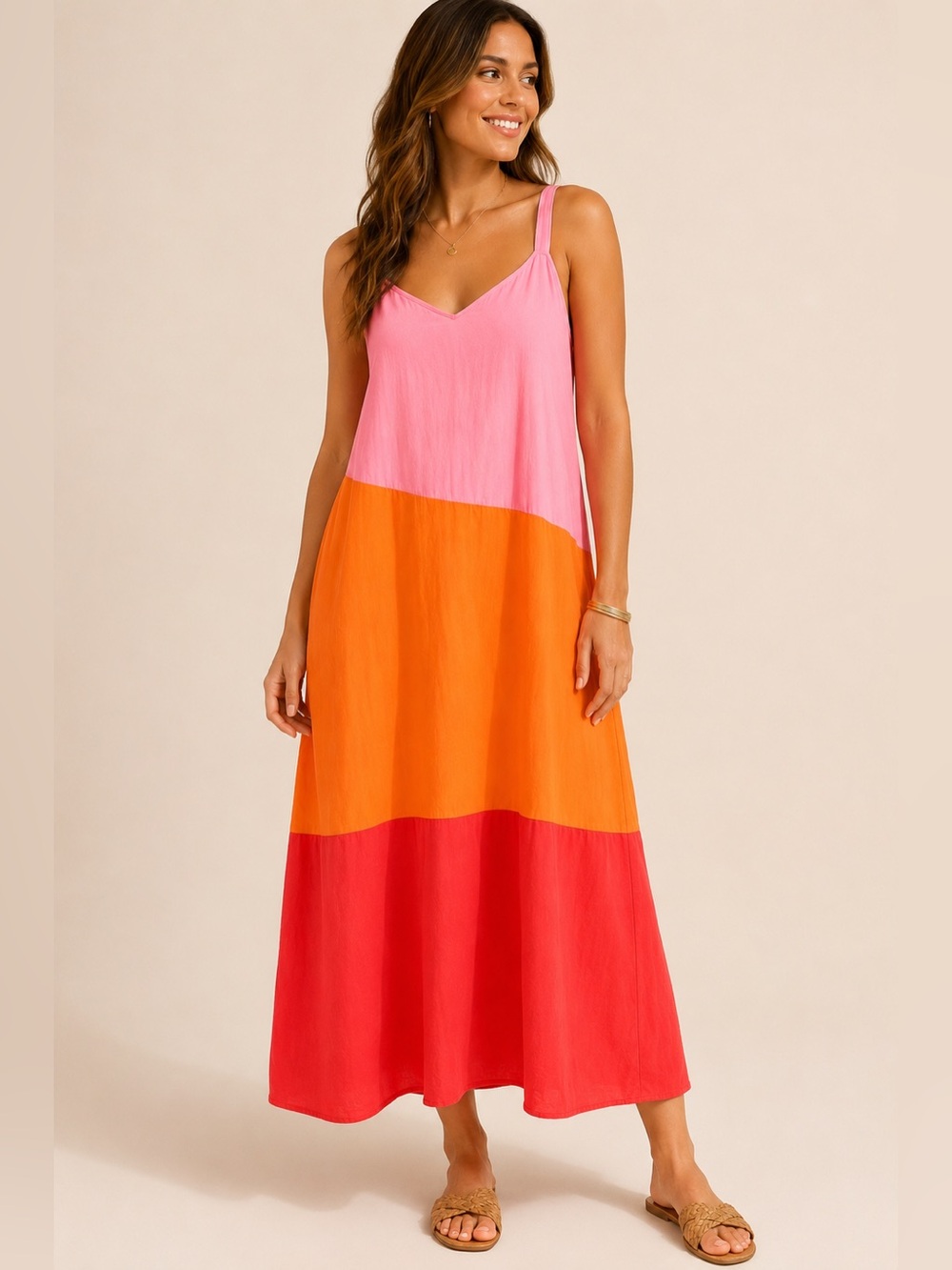 Mud Pie Colorblock Cotton Midi Dress Pink Orange Resort Sundress L